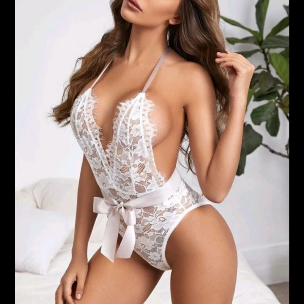 White Lace See Through Teddy & Bow Lingerie Outfit - Picture 7 of 12